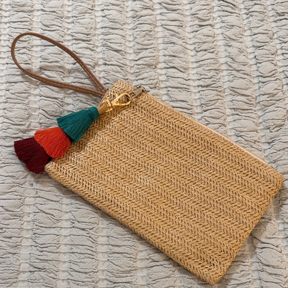 Woven Straw Wristlet Clutch with Colorful Tassels Bag Charm